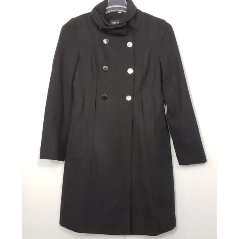 GUESS wool blend military style midi black silver buttons long over coat